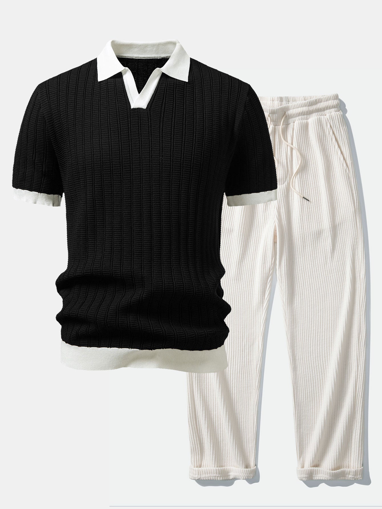 Textured Contrast Johnny Collar Knit Polo with Drawstring Waffle Knit Pants