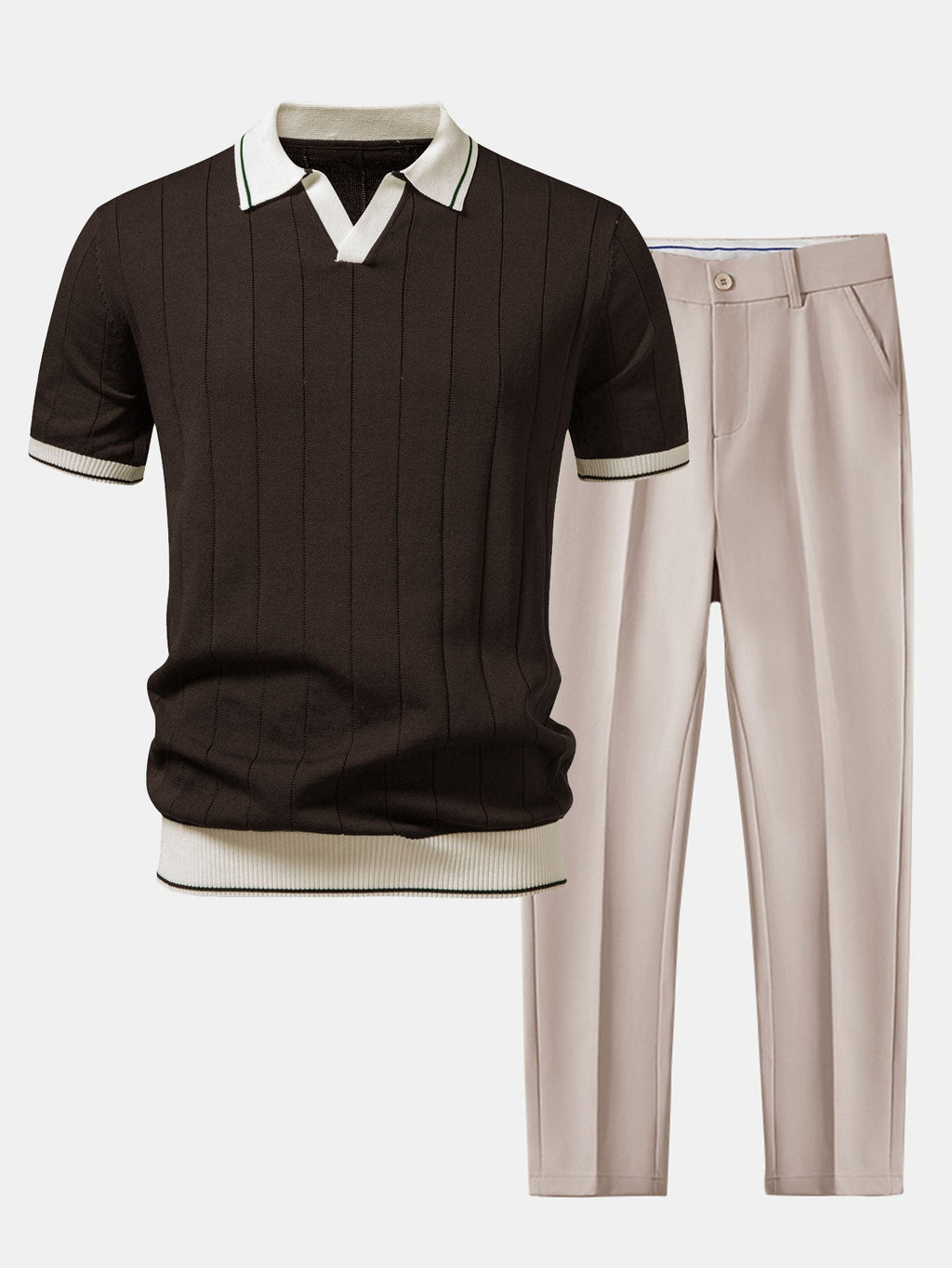 Ribbed Johnny Collar Knit Polo with Contrast Trim & Slim Fit Tapered Trousers