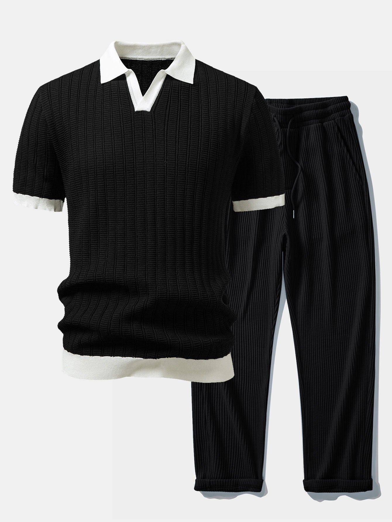 Textured Contrast Johnny Collar Knit Polo with Drawstring Waffle Knit Pants