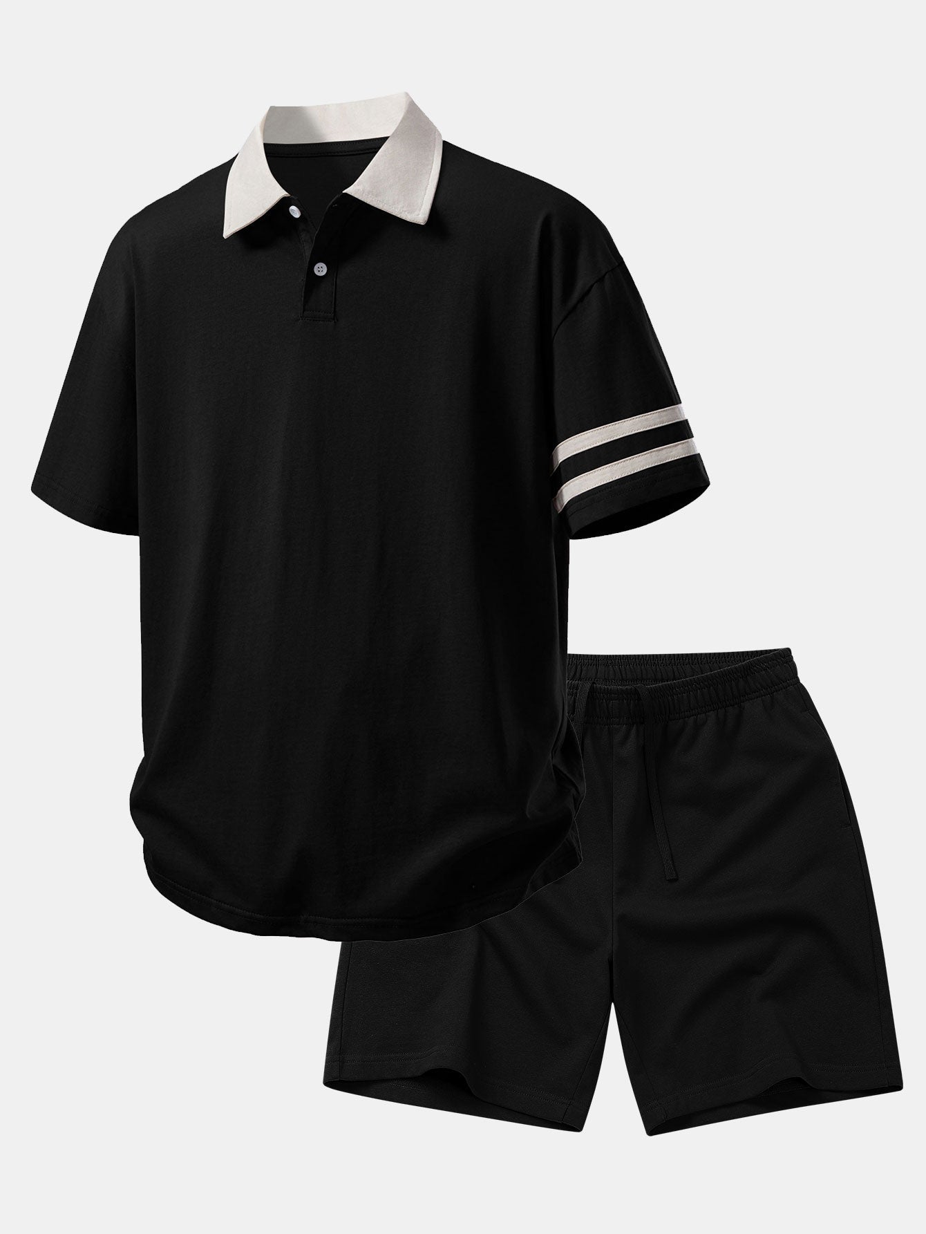 Relaxed Fit Polo Shirt with Contrast Collar & 7" Cotton Drawstring Shorts