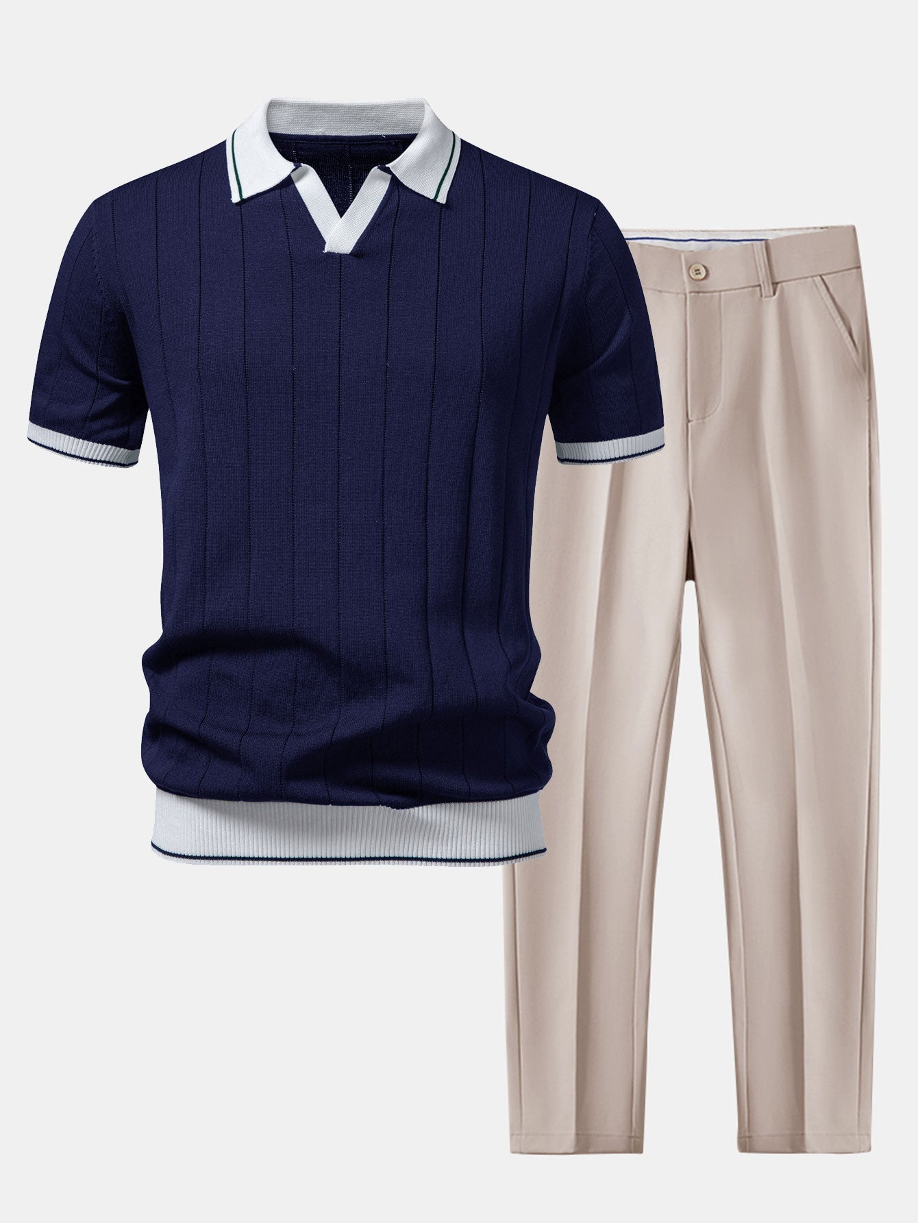 Ribbed Johnny Collar Knit Polo with Contrast Trim & Slim Fit Tapered Trousers