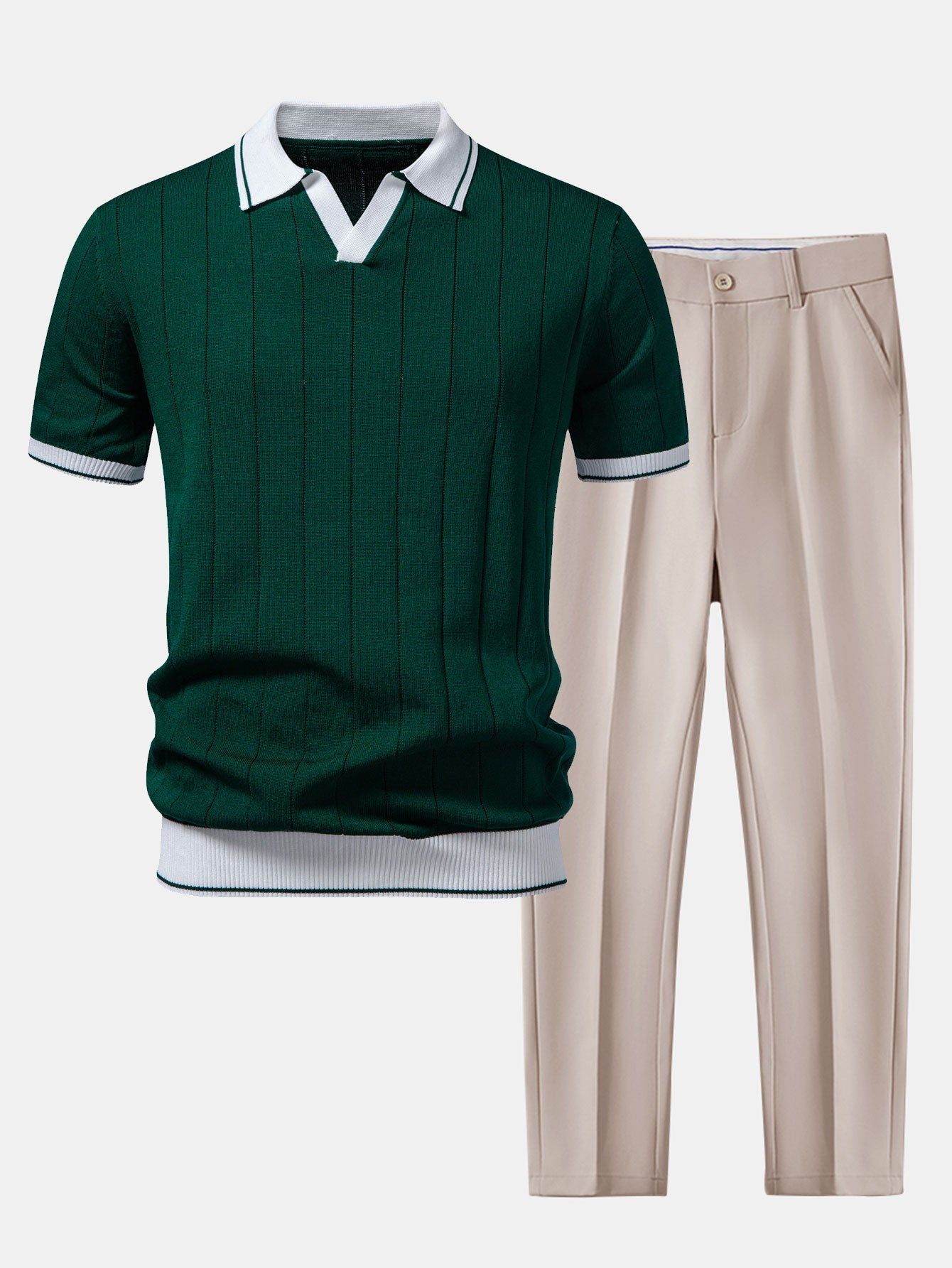 Ribbed Johnny Collar Knit Polo with Contrast Trim & Slim Fit Tapered Trousers