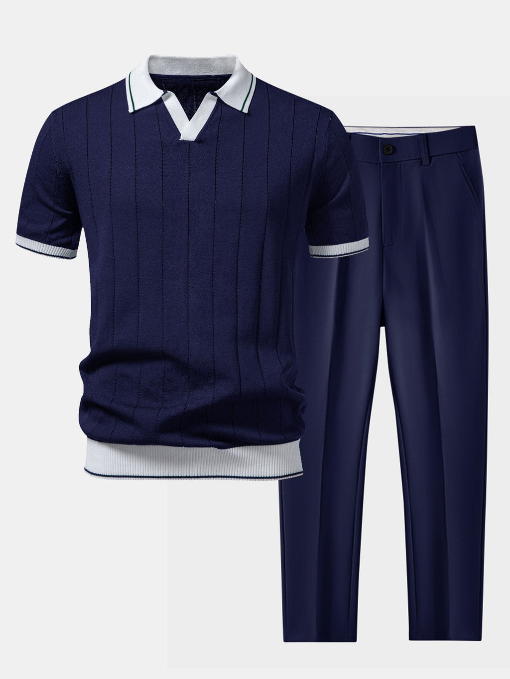 Ribbed Johnny Collar Knit Polo with Contrast Trim & Slim Fit Tapered Trousers