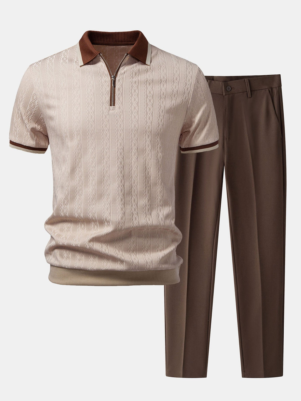 Textured Knit Polo with Contrast Trim & Slim Fit Tapered Trousers