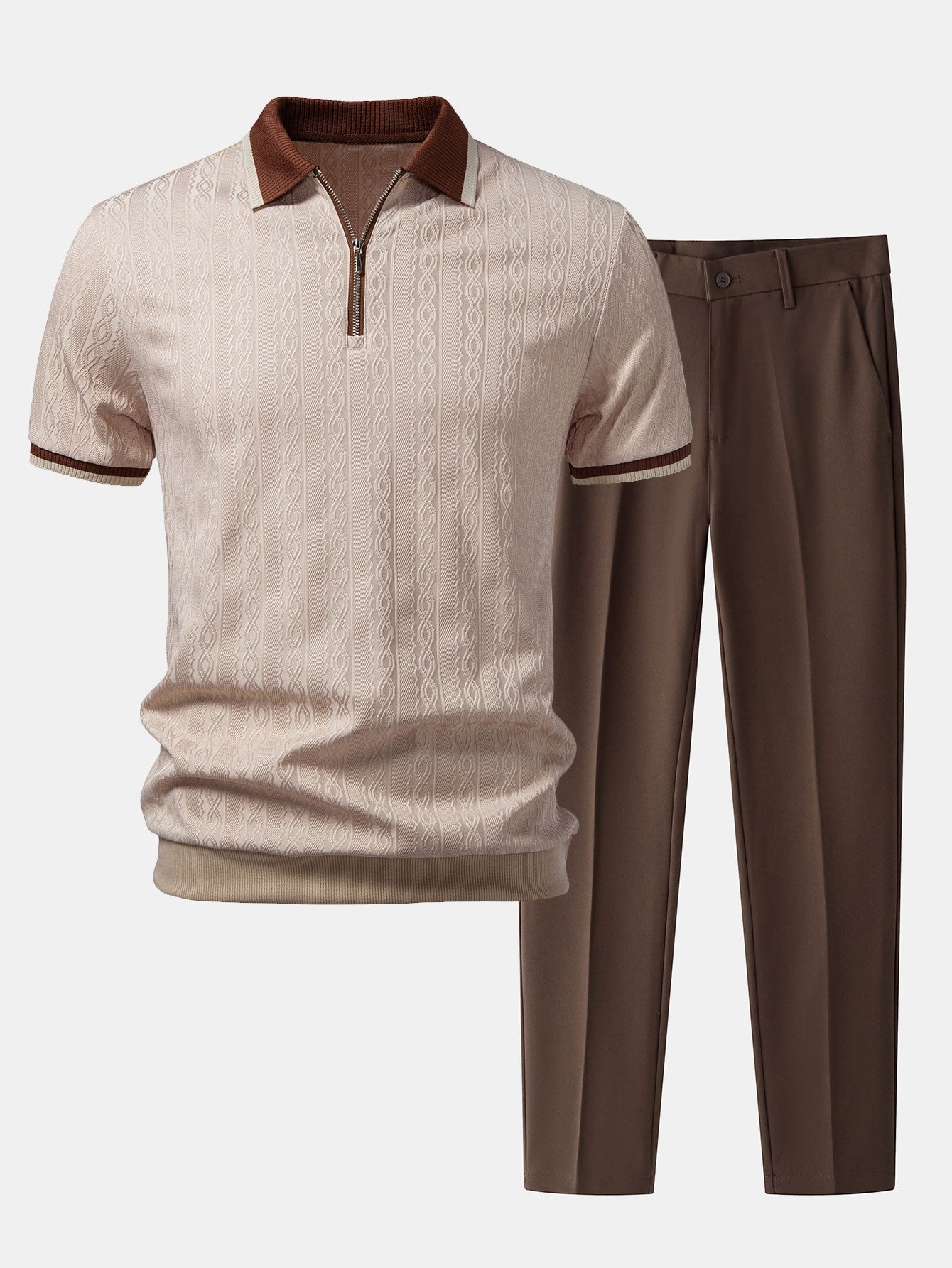 Textured Knit Polo with Contrast Trim & Slim Fit Tapered Trousers