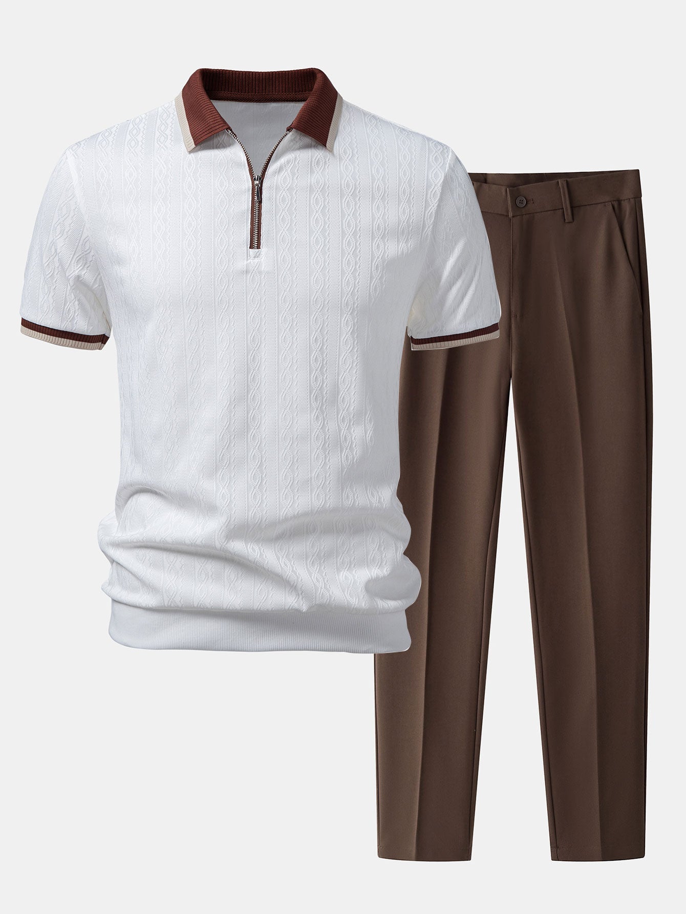 Textured Knit Polo with Contrast Trim & Slim Fit Tapered Trousers