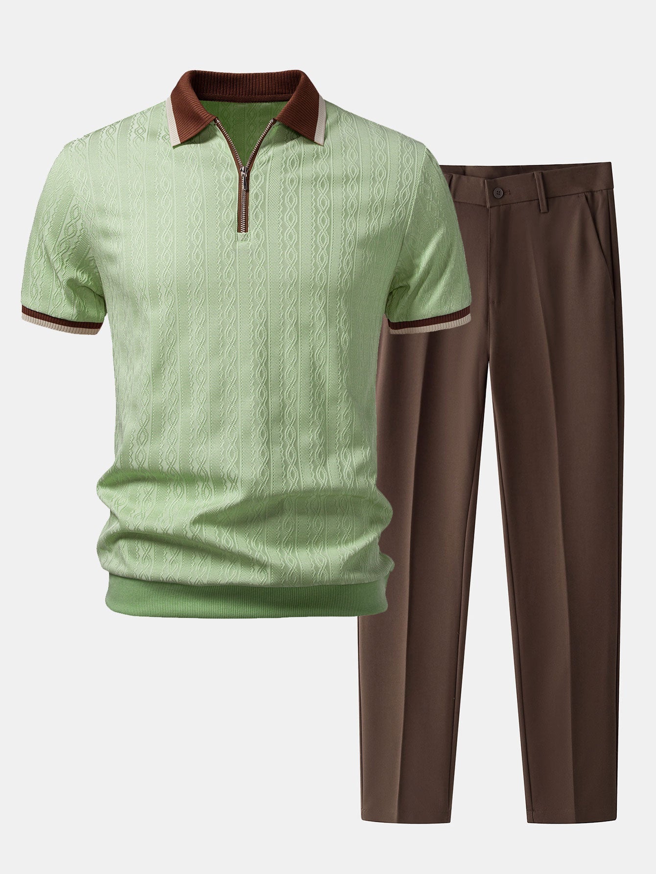Textured Knit Polo with Contrast Trim & Slim Fit Tapered Trousers