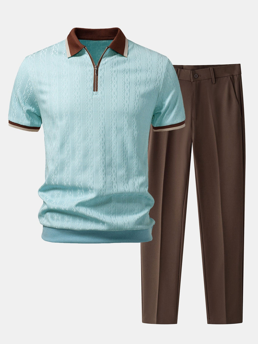 Textured Knit Polo with Contrast Trim & Slim Fit Tapered Trousers