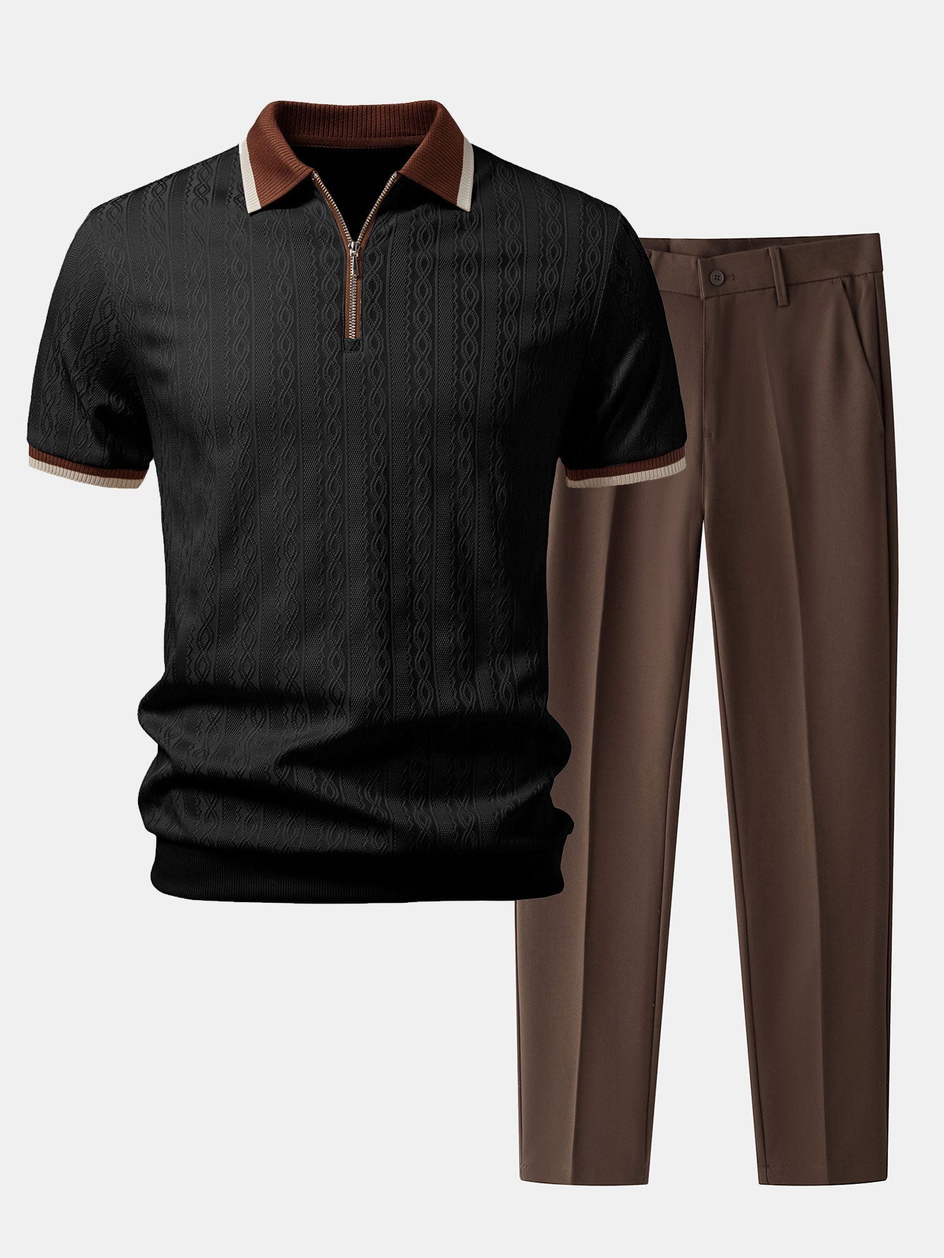 Textured Knit Polo with Contrast Trim & Slim Fit Tapered Trousers