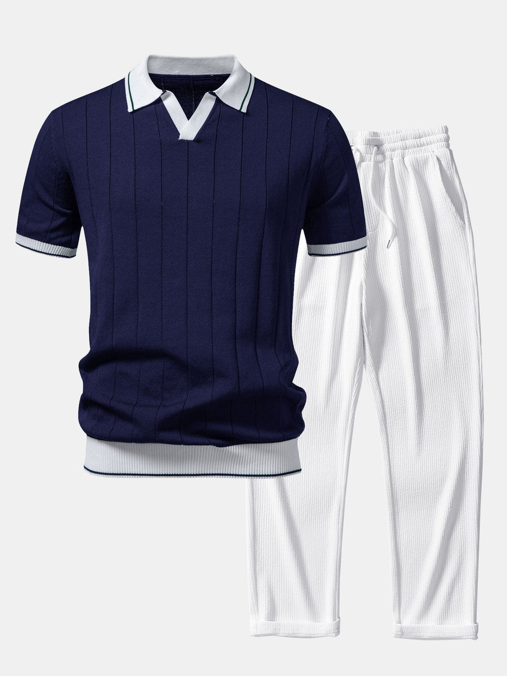 Ribbed Knit Polo with Contrast Trim and Straight Leg Ribbed Trousers