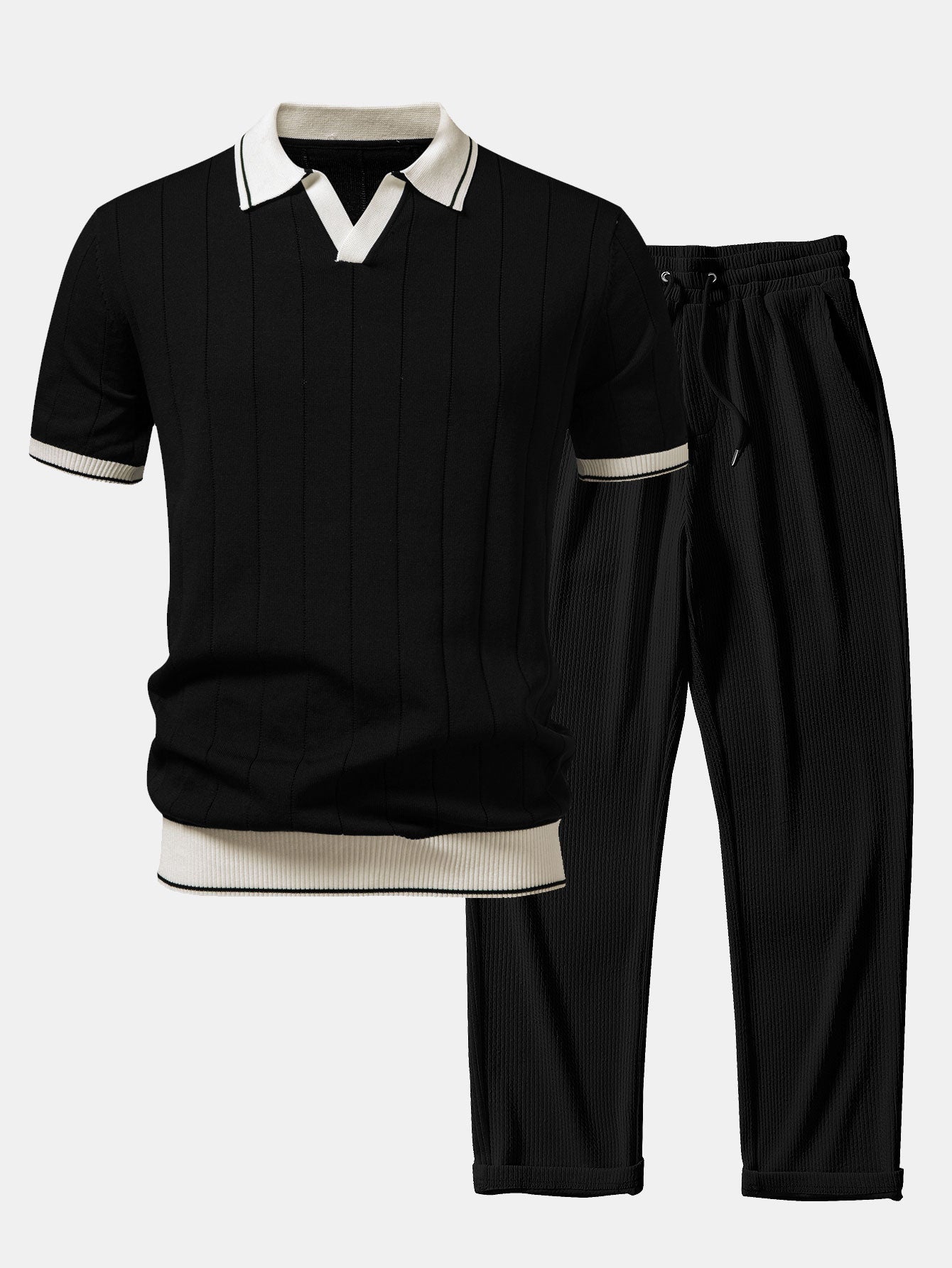 Ribbed Knit Polo with Contrast Trim and Straight Leg Ribbed Trousers