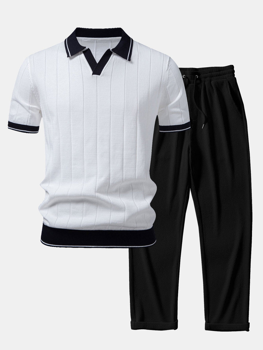 Ribbed Knit Polo with Contrast Trim and Straight Leg Ribbed Trousers