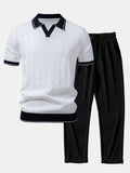 Ribbed Knit Polo with Contrast Trim and Straight Leg Ribbed Trousers