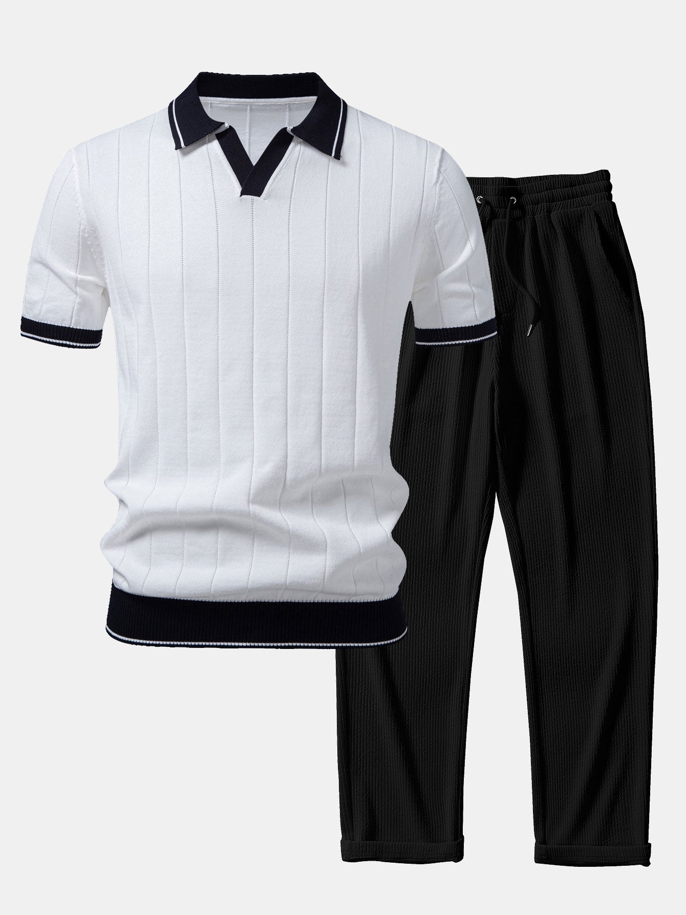 Ribbed Knit Polo with Contrast Trim and Straight Leg Ribbed Trousers