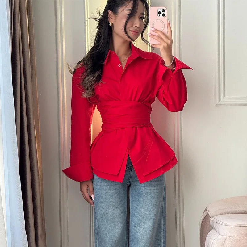 BJTZ 2026 Spring Summer Women Solid Color Tie Waist Slim Long Sleeve Shirt Elegant Casual Tops