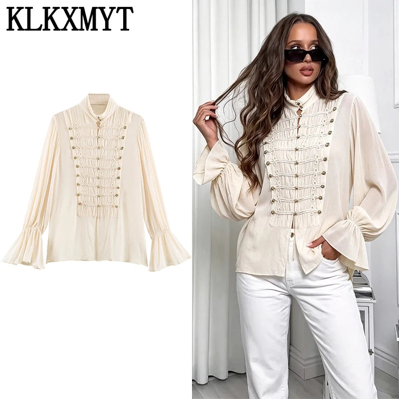 KLKXMYT Women's Fashion Rope Knot Buckle Shirt Flare Sleeve Translucent Shirts Romantic Style Elegant Blouse Top
