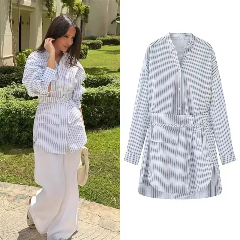 Women's Shirt 2026 Summer New Style Light Blue Striped Long Sleeve Lazy Loose Fit Two-Way Shirt Fashion Vacation Personality