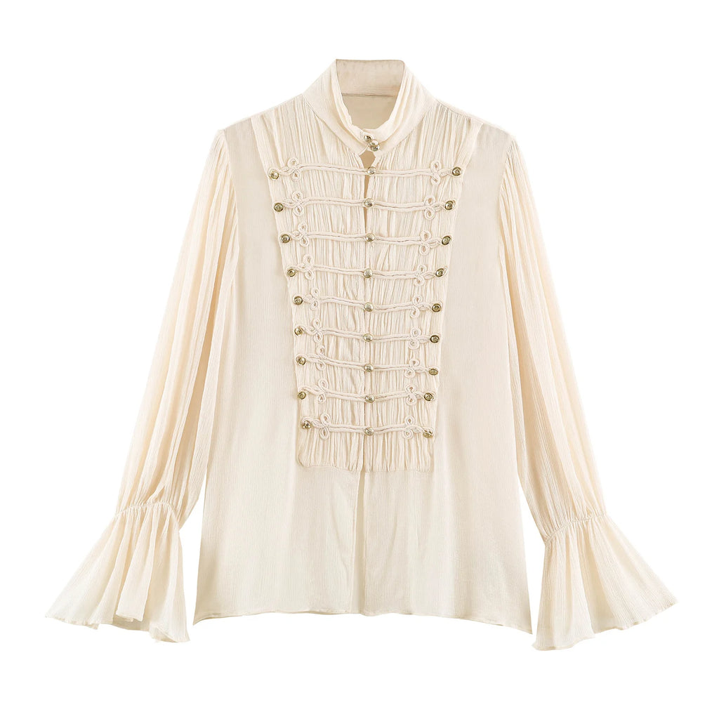 KLKXMYT Women's Fashion Rope Knot Buckle Shirt Flare Sleeve Translucent Shirts Romantic Style Elegant Blouse Top