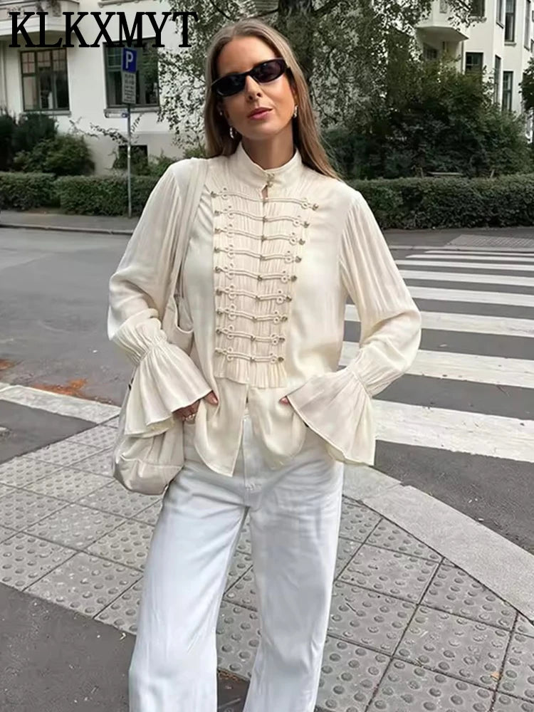 KLKXMYT Women's Fashion Rope Knot Buckle Shirt Flare Sleeve Translucent Shirts Romantic Style Elegant Blouse Top