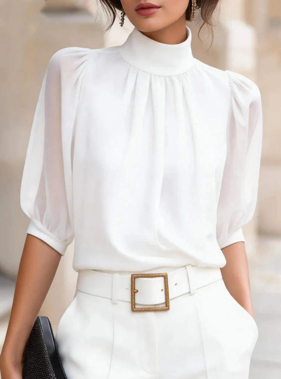 High Neck Puff Half Sleeve Chiffon Blouse Pleated Front Elegant Office Work Shirts Women Loose