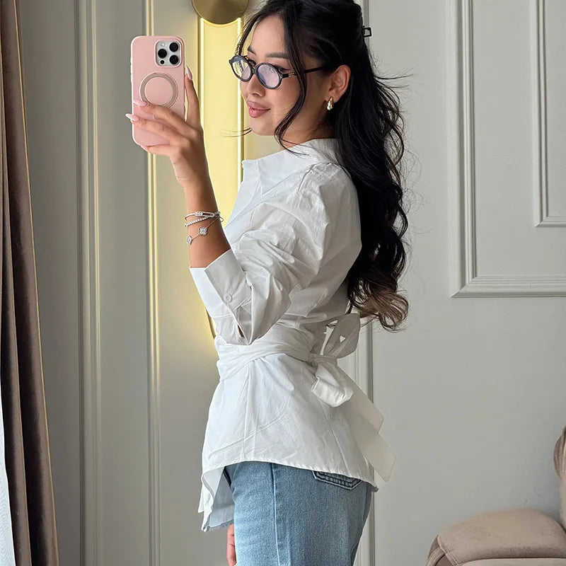 BJTZ 2026 Spring Summer Women Solid Color Tie Waist Slim Long Sleeve Shirt Elegant Casual Tops