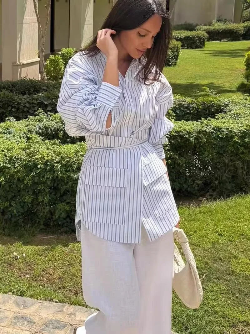 Women's Shirt 2026 Summer New Style Light Blue Striped Long Sleeve Lazy Loose Fit Two-Way Shirt Fashion Vacation Personality