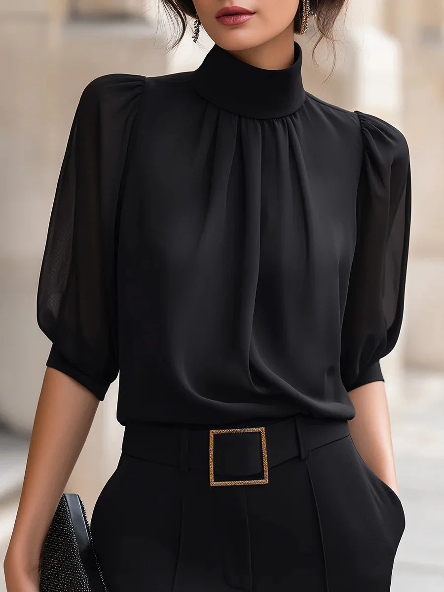 High Neck Puff Half Sleeve Chiffon Blouse Pleated Front Elegant Office Work Shirts Women Loose
