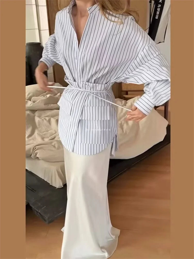 Women's Shirt 2026 Summer New Style Light Blue Striped Long Sleeve Lazy Loose Fit Two-Way Shirt Fashion Vacation Personality