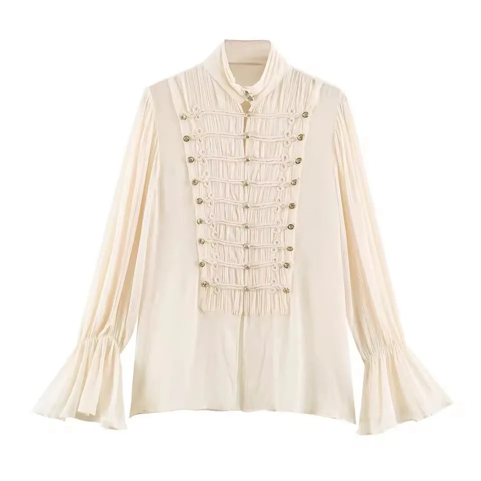 KLKXMYT Women's Fashion Rope Knot Buckle Shirt Flare Sleeve Translucent Shirts Romantic Style Elegant Blouse Top