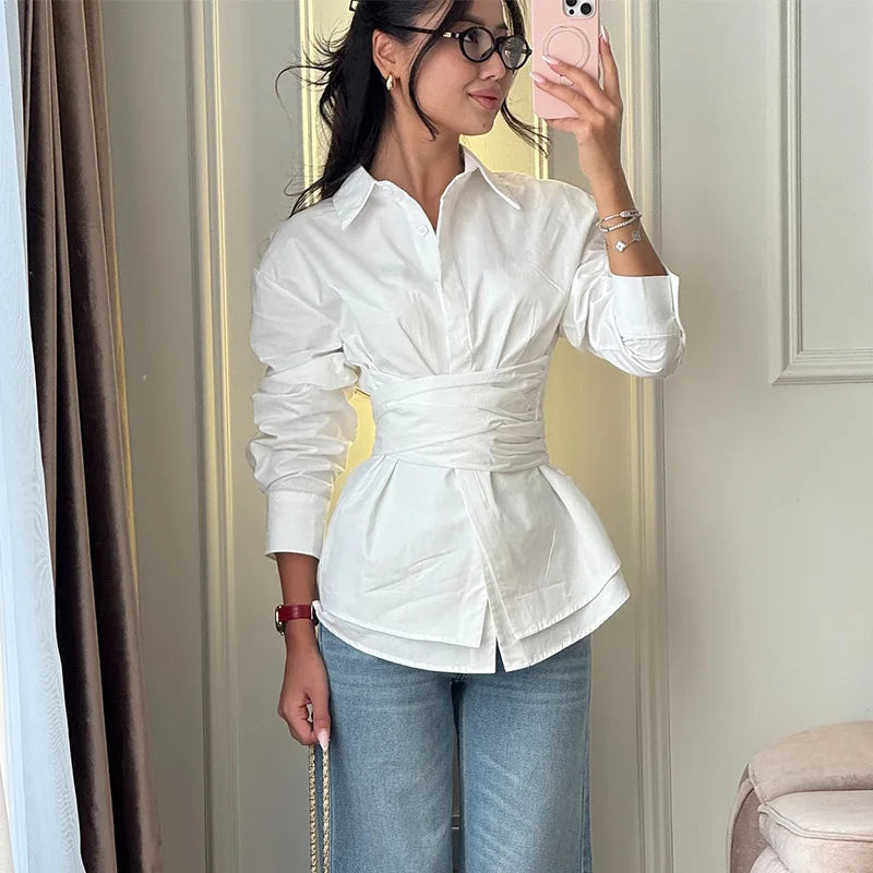 BJTZ 2026 Spring Summer Women Solid Color Tie Waist Slim Long Sleeve Shirt Elegant Casual Tops