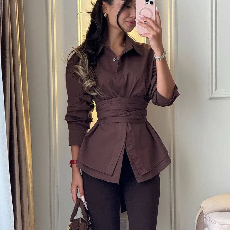 BJTZ 2026 Spring Summer Women Solid Color Tie Waist Slim Long Sleeve Shirt Elegant Casual Tops
