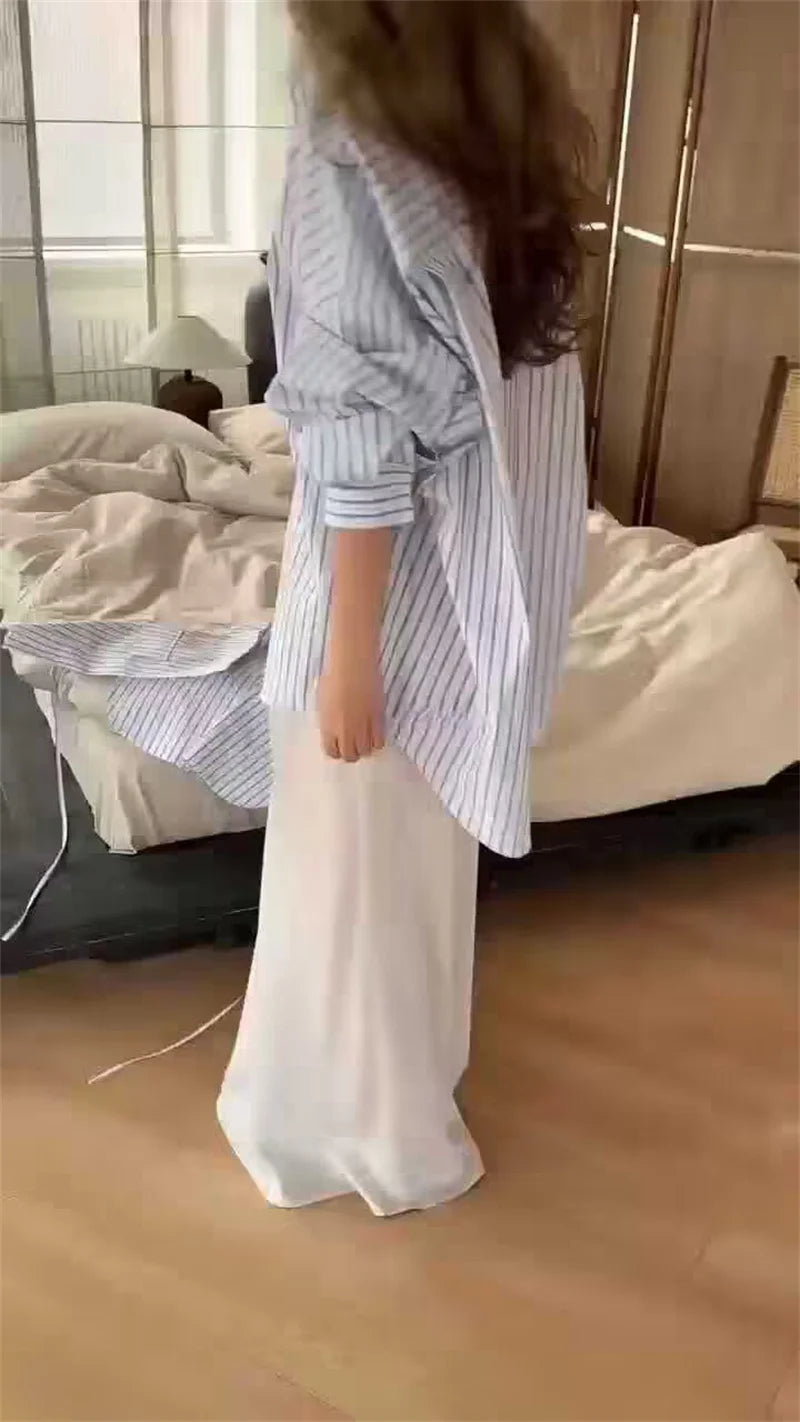 Women's Shirt 2026 Summer New Style Light Blue Striped Long Sleeve Lazy Loose Fit Two-Way Shirt Fashion Vacation Personality