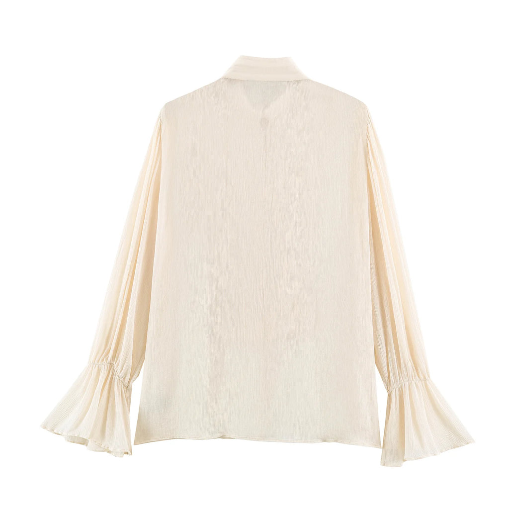 KLKXMYT Women's Fashion Rope Knot Buckle Shirt Flare Sleeve Translucent Shirts Romantic Style Elegant Blouse Top