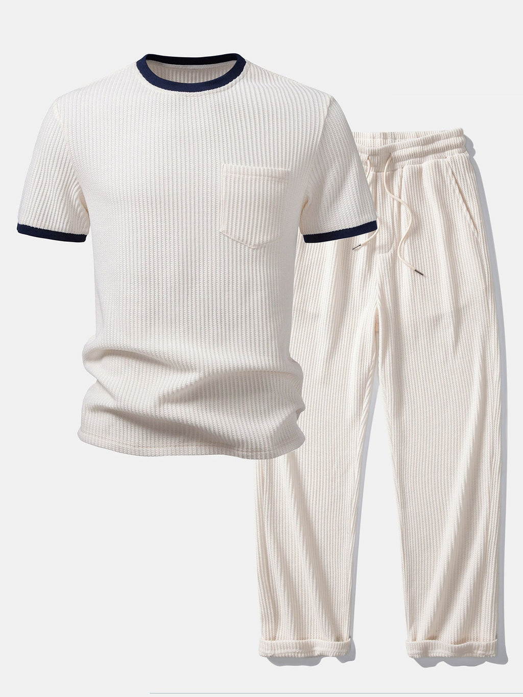 Two-Piece Contrast Waffle Set: T-Shirt with Pocket & Drawstring Knitted Pants