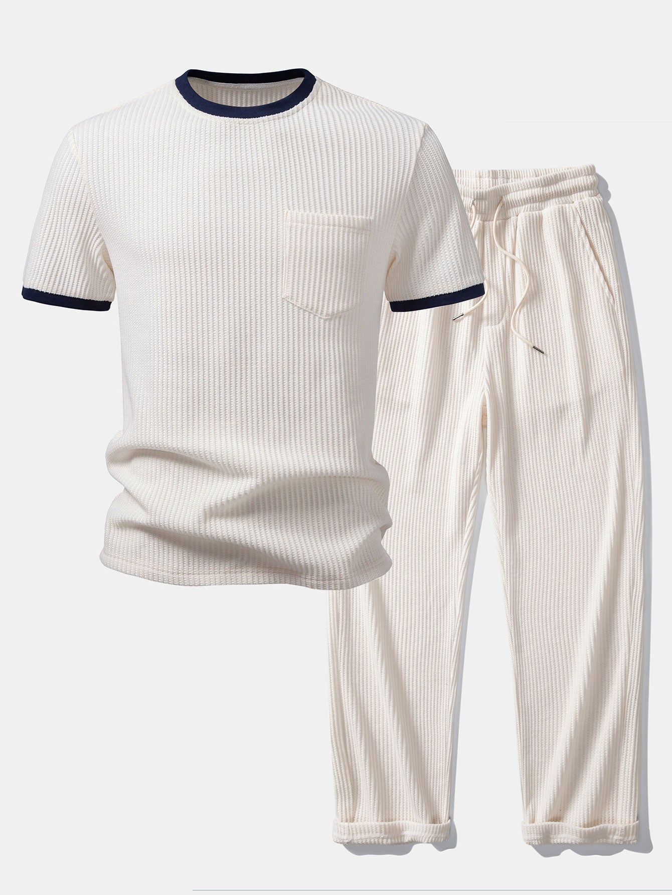 Two-Piece Contrast Waffle Set: T-Shirt with Pocket & Drawstring Knitted Pants