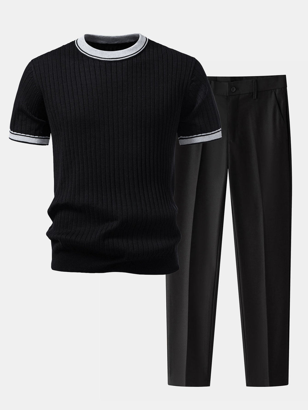 Contrast Trim Crew Neck Knit Tee & Slim Fit Tapered Pants