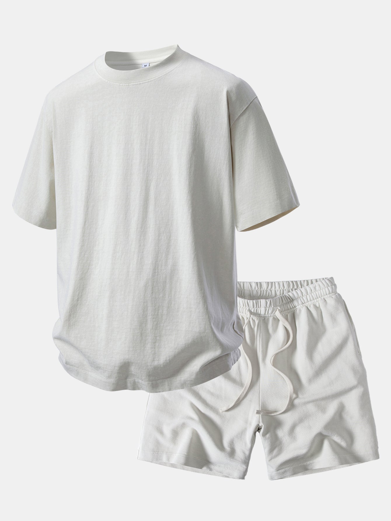 Relaxed Fit Heavyweight Washed Drop Shoulder Tee & Distressed Drawstring Shorts