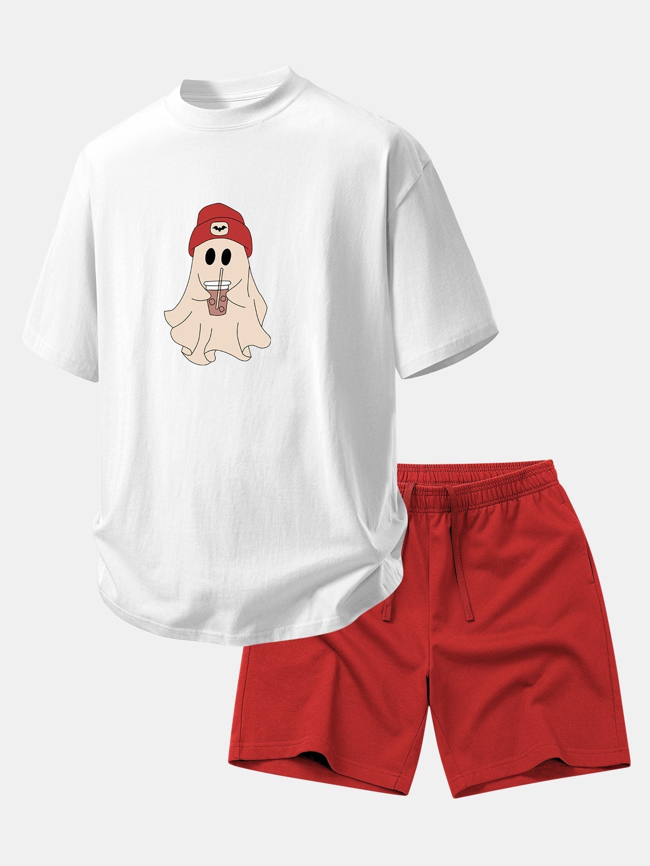 Relaxed Fit Red Ghost Print Cotton T-Shirt with 7" Cotton Drawstring Shorts