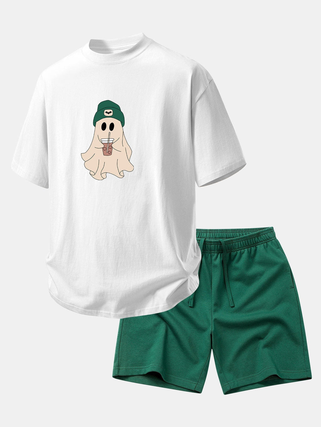 Relaxed Fit Dark Green Ghost Print Cotton T-Shirt & 7" Cotton Drawstring Shorts