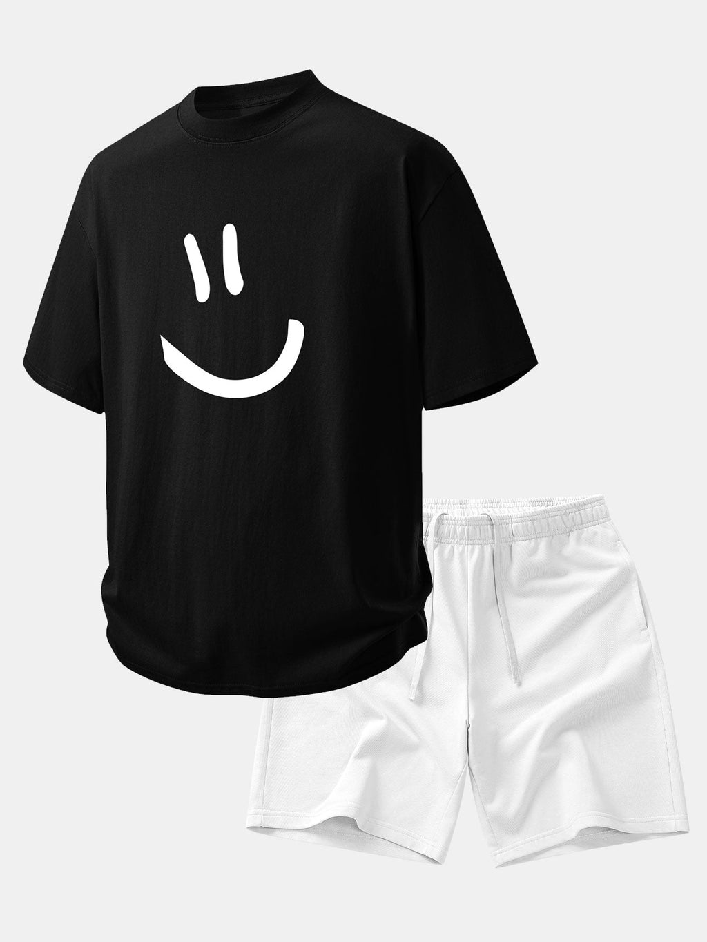 Comfortable Smiley Face Cotton T-Shirt & 7" Cotton Drawstring Shorts Set