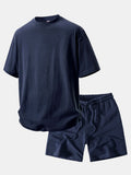 Relaxed Fit Heavyweight Washed Drop Shoulder Tee & Distressed Drawstring Shorts