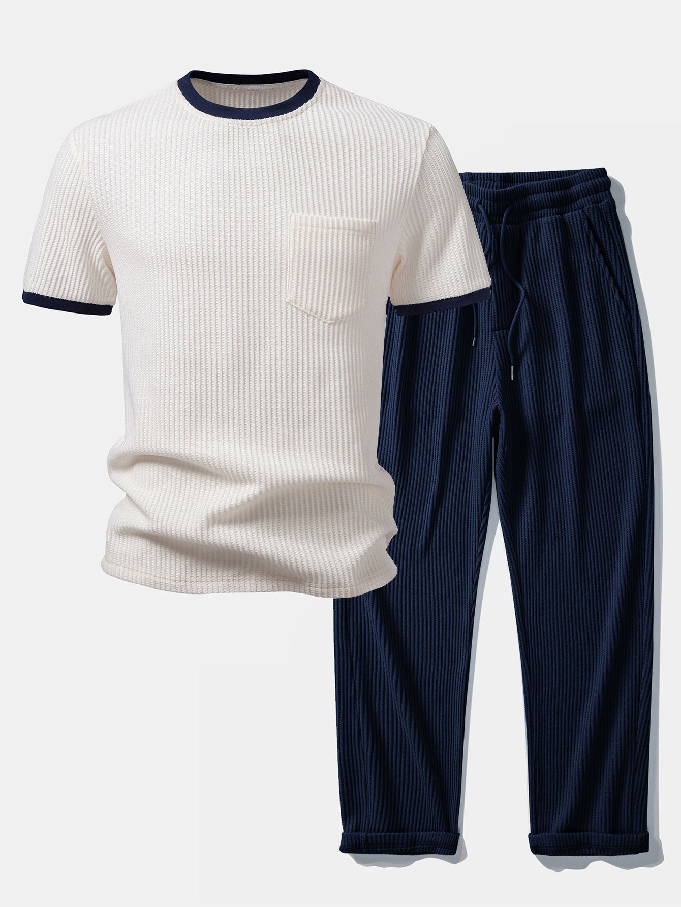 Two-Piece Contrast Waffle Set: T-Shirt with Pocket & Drawstring Knitted Pants