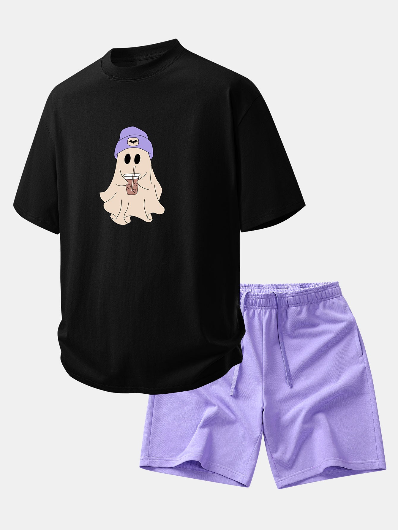 Relaxed Fit Purple Ghost Print Cotton T-Shirt & 7" Cotton Drawstring Shorts