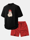 Relaxed Fit Red Ghost Print Cotton T-Shirt with 7" Cotton Drawstring Shorts