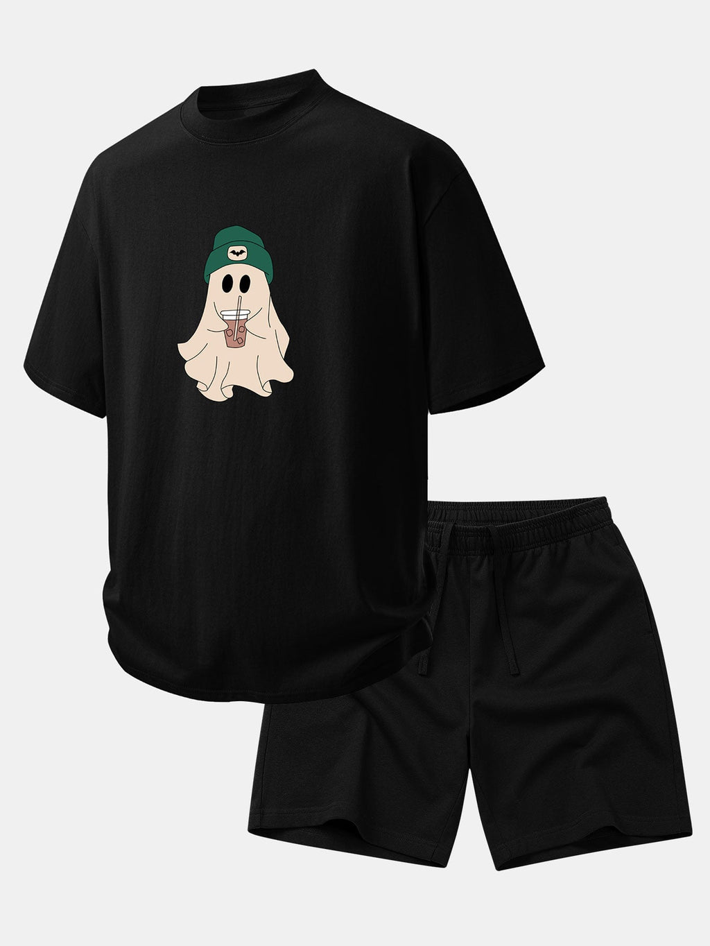 Relaxed Fit Dark Green Ghost Print Cotton T-Shirt & 7" Cotton Drawstring Shorts