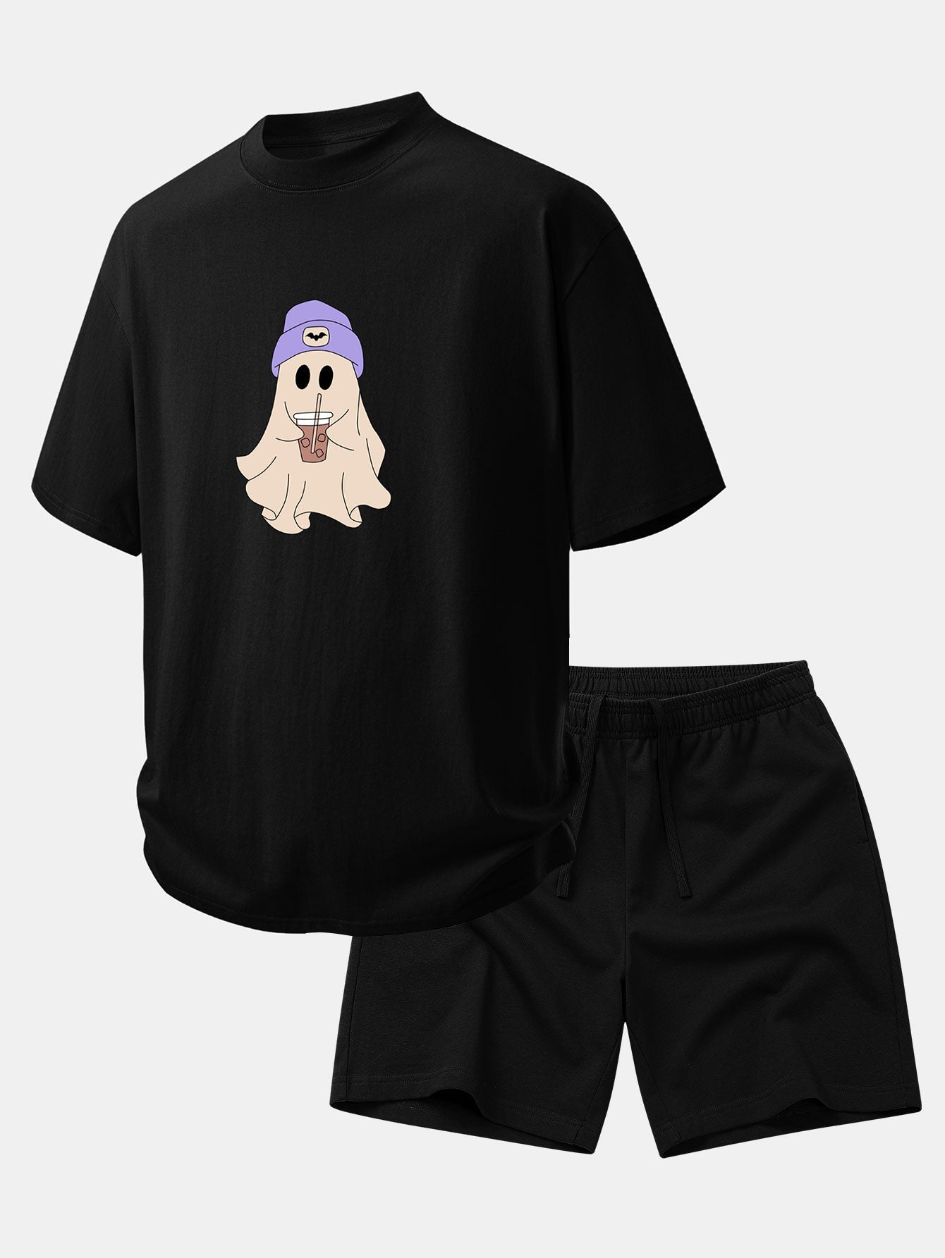 Relaxed Fit Purple Ghost Print Cotton T-Shirt & 7" Cotton Drawstring Shorts
