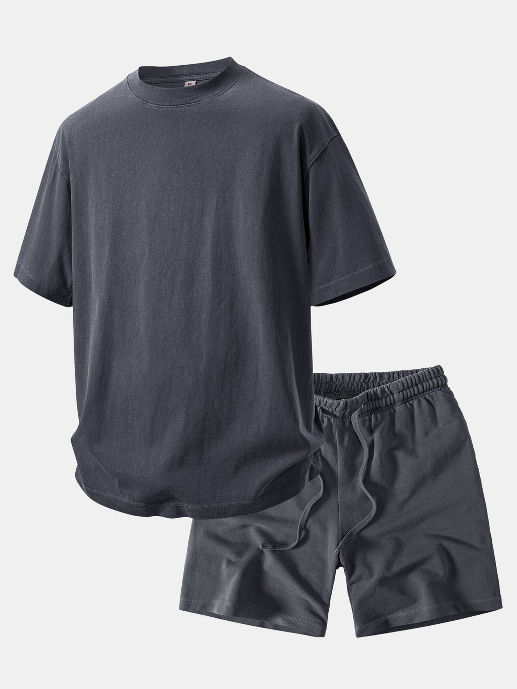 Relaxed Fit Heavyweight Washed Drop Shoulder Tee & Distressed Drawstring Shorts