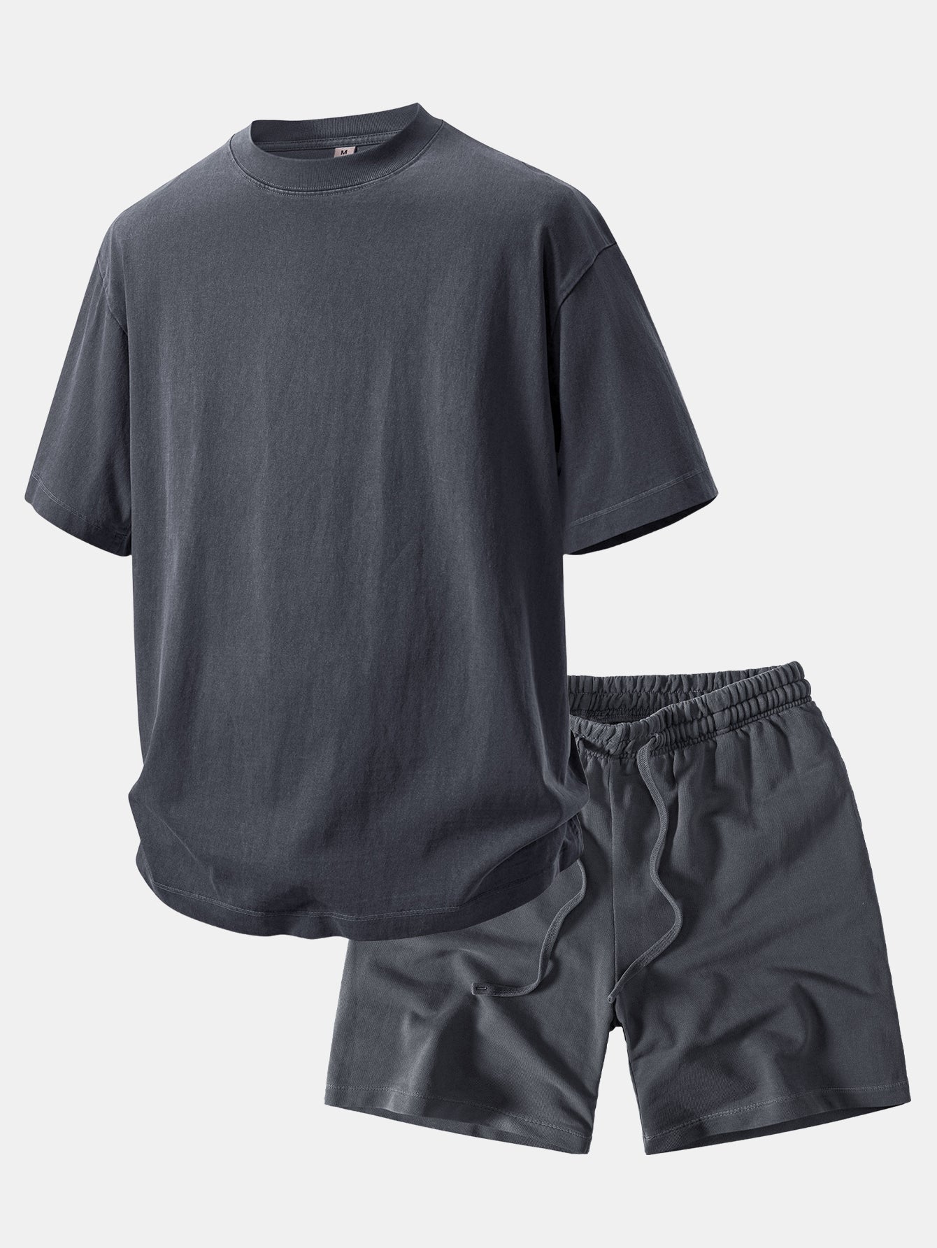 Relaxed Fit Heavyweight Washed Drop Shoulder Tee & Distressed Drawstring Shorts