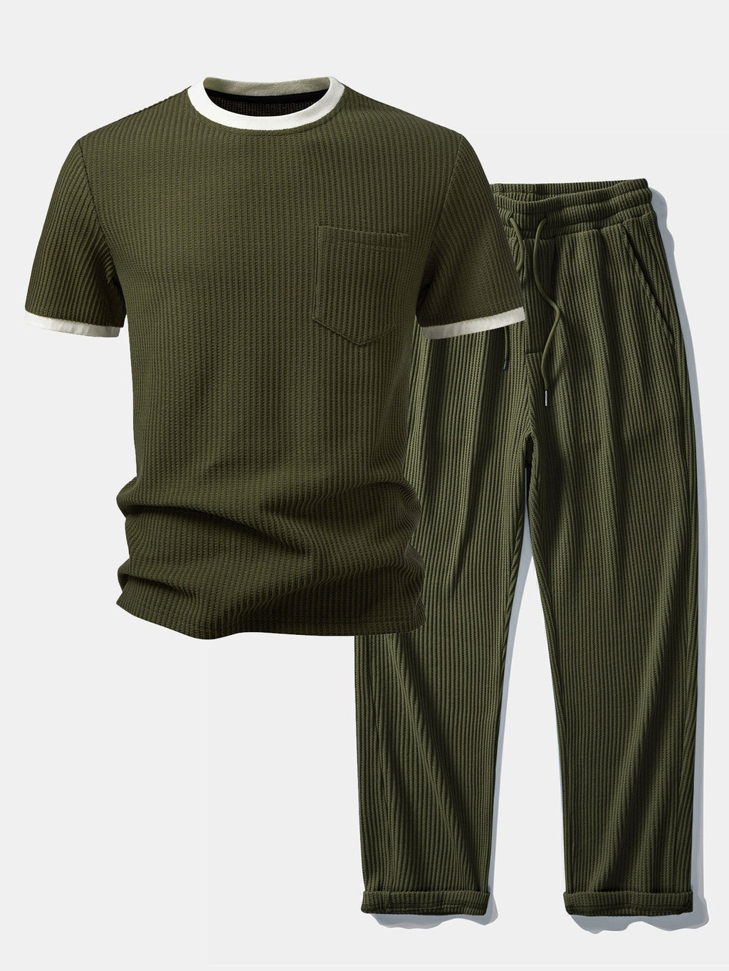 Two-Piece Contrast Waffle Set: T-Shirt with Pocket & Drawstring Knitted Pants