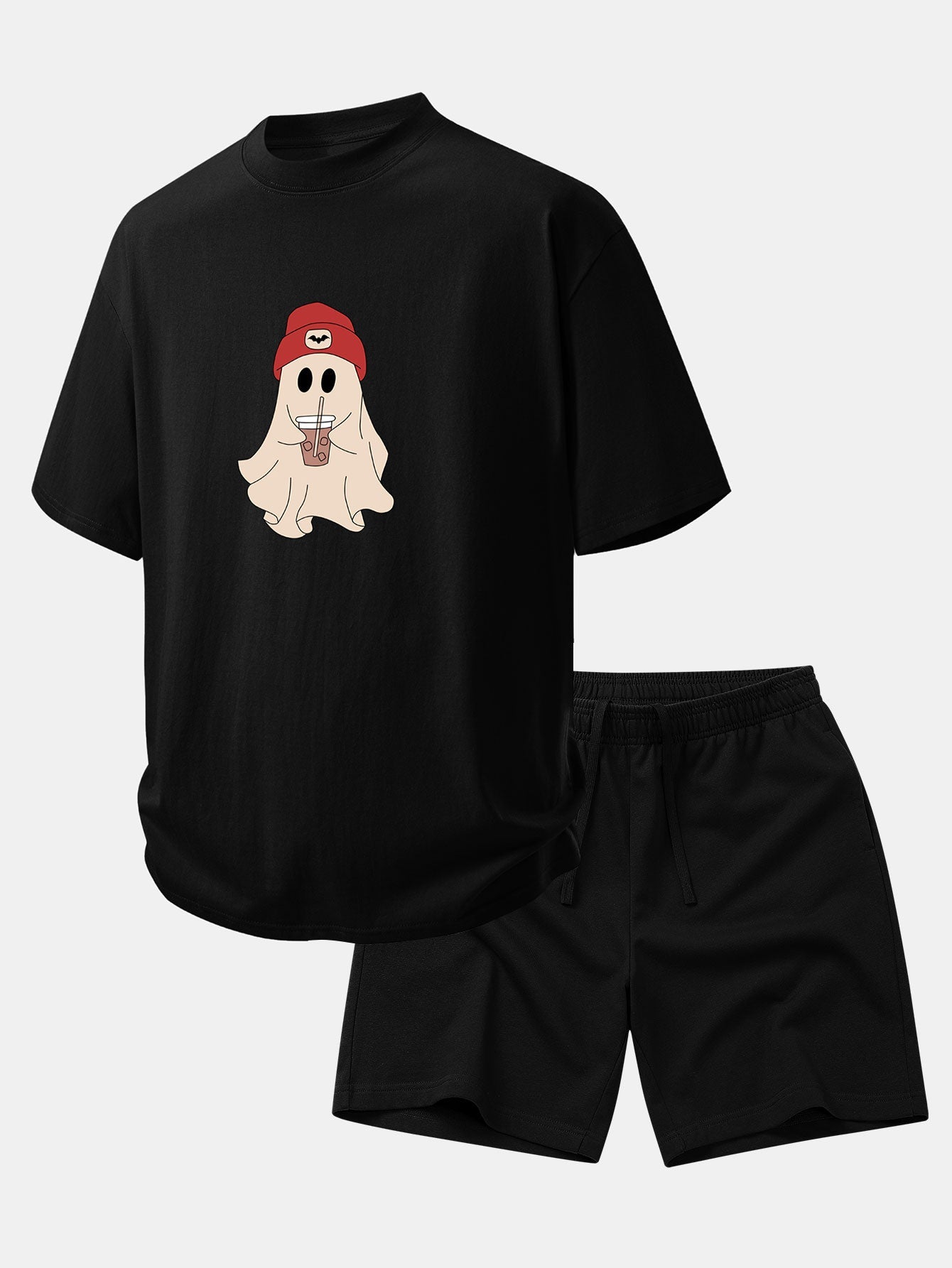 Relaxed Fit Red Ghost Print Cotton T-Shirt with 7" Cotton Drawstring Shorts